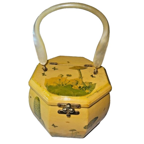 VTG Wood Octagon Decoupage Art Anton Pieck Box Purse Bag Lucite Mushroom Yellow - Picture 1 of 6